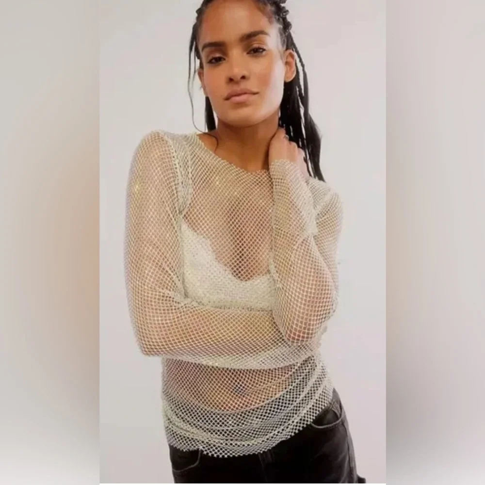 Free People Sheer Fishnet Long Sleeve Top in Ivory
